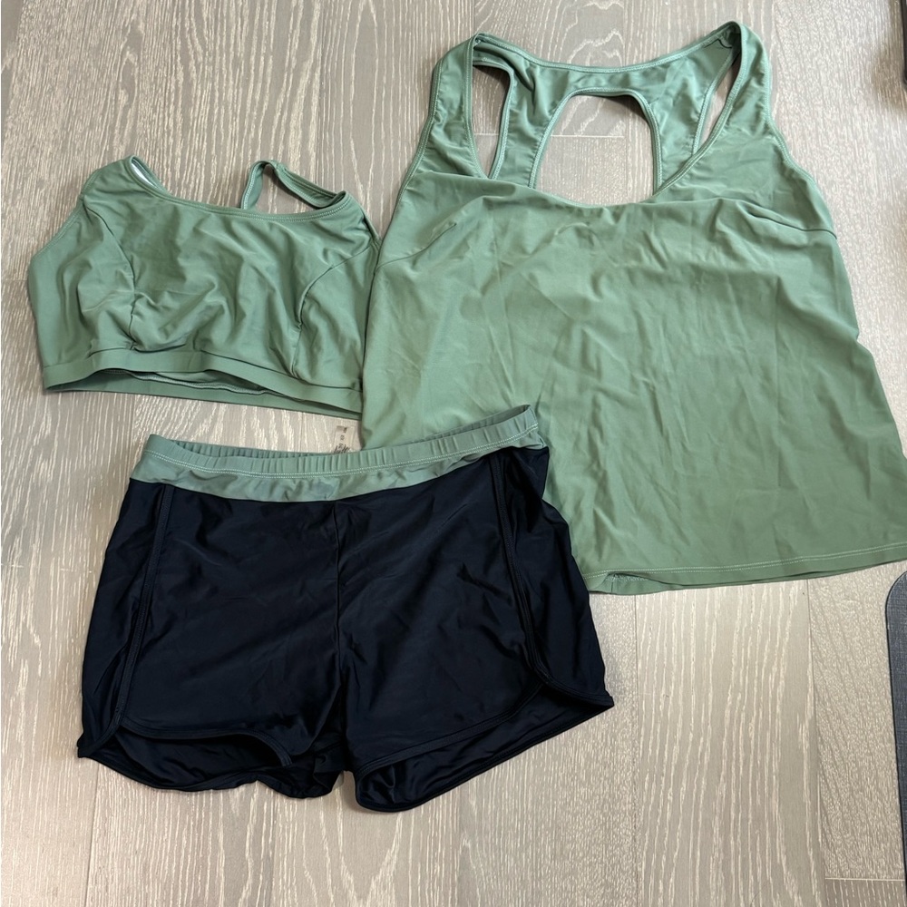 Olive and Black Women's Sports Bra and Shorts Set